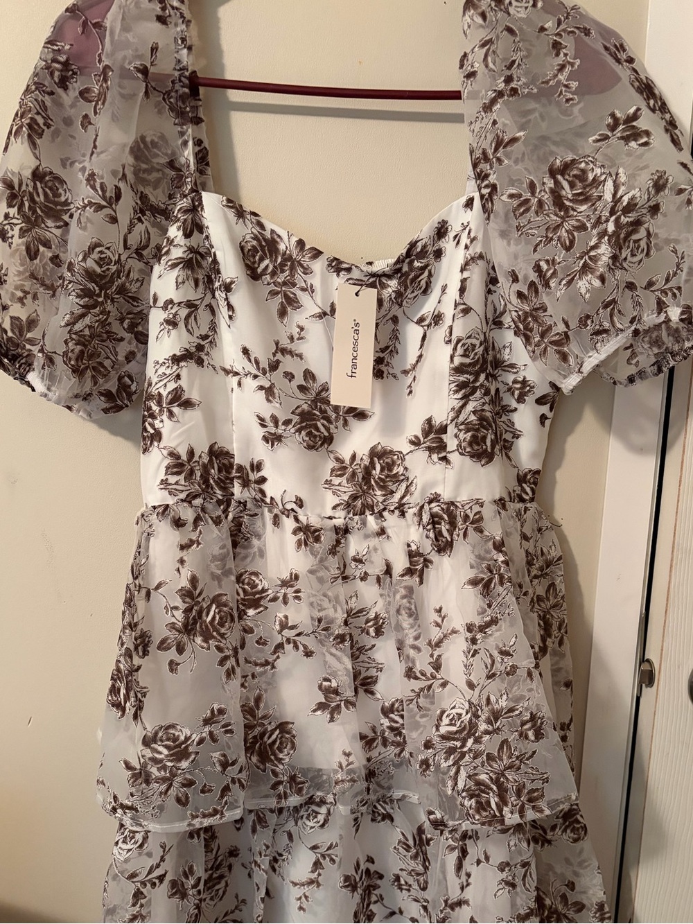 Francesca's Collections White Dress with Brown Floral Organza Layers